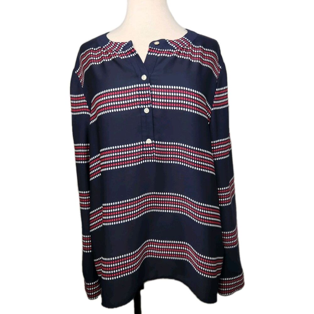 Banana Republic Riviera Dot Popover Blouse Womens XL Navy/Red Tunic Festive